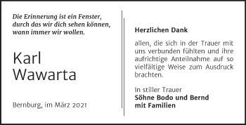 Traueranzeige von Karl Wawarta von Mitteldeutsche Zeitung Bernburg