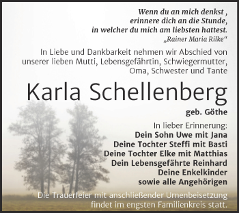 Traueranzeige von Karla Schellenberg von Mitteldeutsche Zeitung Wittenberg