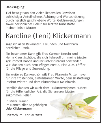 Traueranzeige von Karoline Klickermann von Mitteldeutsche Zeitung Bitterfeld
