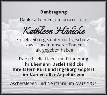 Traueranzeige von Kathleen Hädicke von Mitteldeutsche Zeitung Aschersleben
