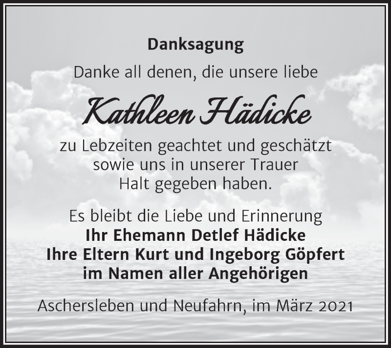  Traueranzeige für Kathleen Hädicke vom 13.03.2021 aus Mitteldeutsche Zeitung Aschersleben