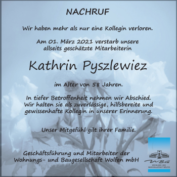 Traueranzeige von Kathrin Pyszlewiez von Mitteldeutsche Zeitung Bitterfeld