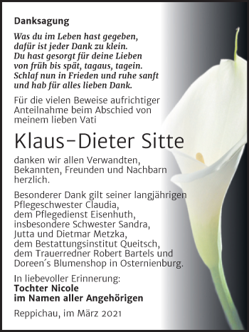 Traueranzeige von Klaus-Dieter Sitte von Mitteldeutsche Zeitung Köthen