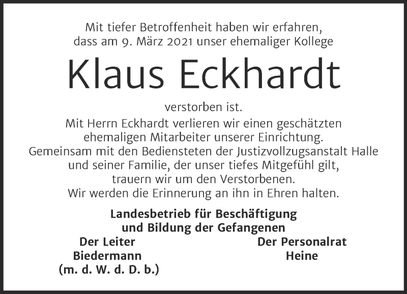  Traueranzeige für Klaus Eckhardt vom 20.03.2021 aus Super Sonntag Merseburg/Querfurt