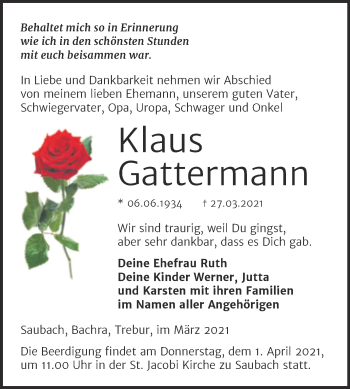 Traueranzeige von Klaus Gattermann von Mitteldeutsche Zeitung Naumburg/Nebra
