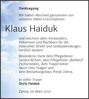 Traueranzeige von Klaus Haiduk von Mitteldeutsche Zeitung Wittenberg
