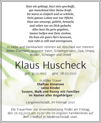 Traueranzeige von Klaus Huscheck von Mitteldeutsche Zeitung Merseburg/Querfurt