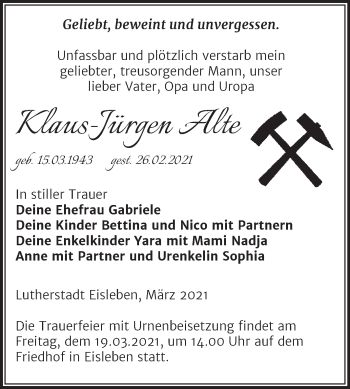Traueranzeige von Klaus-Jürgen Alte von Mitteldeutsche Zeitung Mansfelder Land