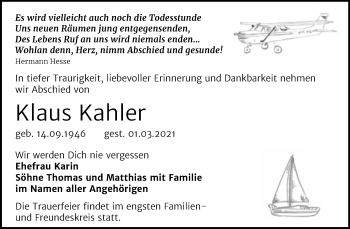 Traueranzeige von Klaus Kahler von Super Sonntag Bernburg