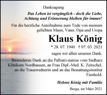Traueranzeige von Klaus König von Mitteldeutsche Zeitung Sangerhausen