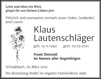 Traueranzeige von Klaus Lautenschläger von Mitteldeutsche Zeitung Merseburg/Querfurt