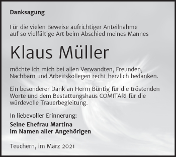 Traueranzeige von Klaus Müller von Mitteldeutsche Zeitung Weißenfels