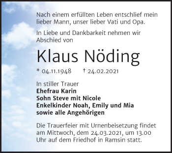 Traueranzeige von Klaus Nöding von Mitteldeutsche Zeitung Bitterfeld