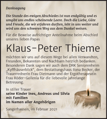 Traueranzeige von Klaus-Peter Thieme von Mitteldeutsche Zeitung Sangerhausen