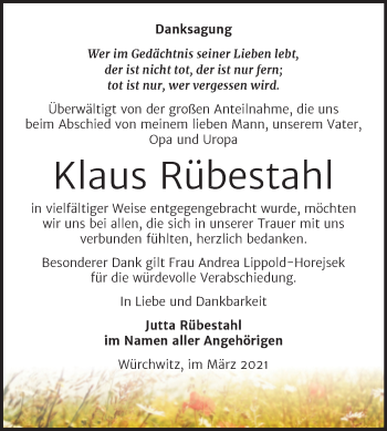 Traueranzeige von Klaus Rübestahl von Mitteldeutsche Zeitung Zeitz