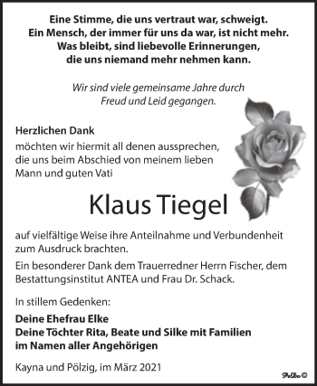 Traueranzeige von Klaus Tiegel von Mitteldeutsche Zeitung Zeitz