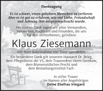 Traueranzeige von Klaus Ziesemann von Mitteldeutsche Zeitung Merseburg/Querfurt