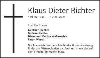 Traueranzeige von Klaus Dieter Richter von Mitteldeutsche Zeitung Bitterfeld