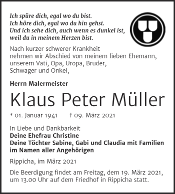 Traueranzeige von Klaus Peter Müller von Mitteldeutsche Zeitung Zeitz