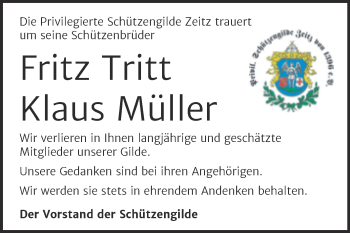Traueranzeige von Klaus und Fritz Müller und Tritt von Mitteldeutsche Zeitung Zeitz