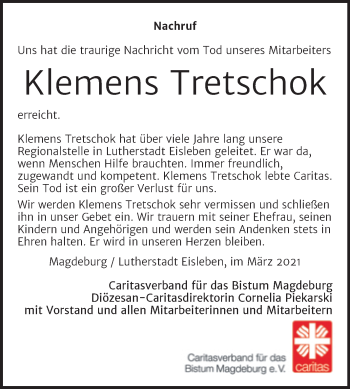 Traueranzeige von Klemens Tretschok von Mitteldeutsche Zeitung Mansfelder Land