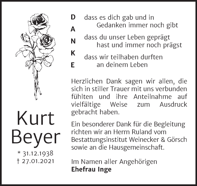  Traueranzeige für Kurt Beyer vom 20.03.2021 aus Mitteldeutsche Zeitung Bernburg
