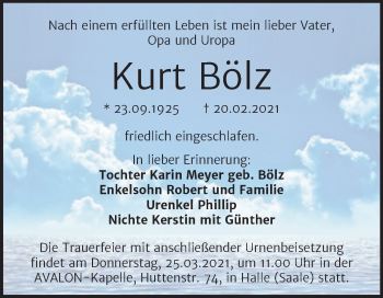 Traueranzeige von Kurt Bölz von Mitteldeutsche Zeitung Halle/Saalkreis