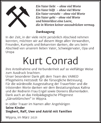 Traueranzeige von Kurt Conrad von Mitteldeutsche Zeitung Mansfelder Land