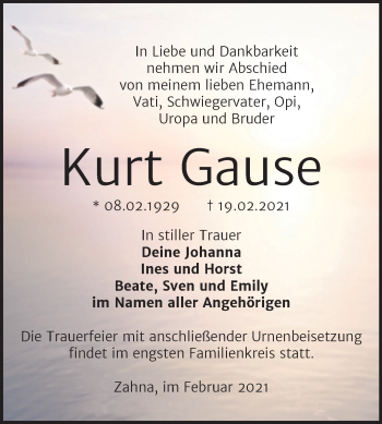 Traueranzeige von Kurt Gause von Mitteldeutsche Zeitung Wittenberg