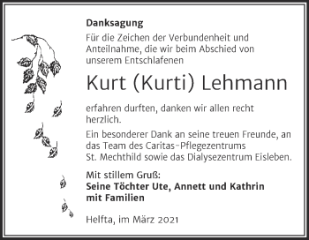 Traueranzeige von Kurt  Lehmann von Mitteldeutsche Zeitung Mansfelder Land