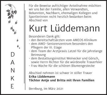 Traueranzeige von Kurt Lüddemann von Mitteldeutsche Zeitung Bernburg