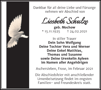Traueranzeige von Liesbeth Schulze von Mitteldeutsche Zeitung Aschersleben