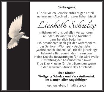 Traueranzeige von Liesbeth Schulze von Mitteldeutsche Zeitung Aschersleben