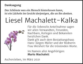 Traueranzeige von Liesel Machalett-Kalka von Mitteldeutsche Zeitung Aschersleben