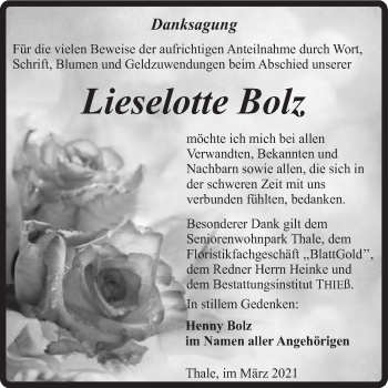 Traueranzeige von Lieselotte Bolz von Mitteldeutsche Zeitung Quedlingburg