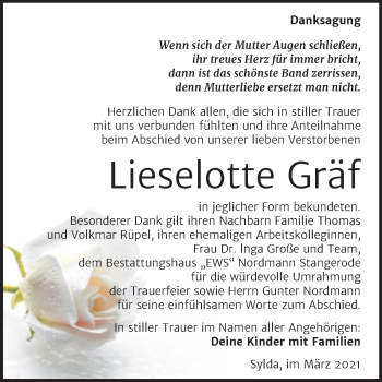 Traueranzeige von Lieselotte Gräf von Mitteldeutsche Zeitung Mansfelder Land