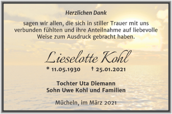 Traueranzeige von Lieselotte Kohl von Mitteldeutsche Zeitung Merseburg/Querfurt