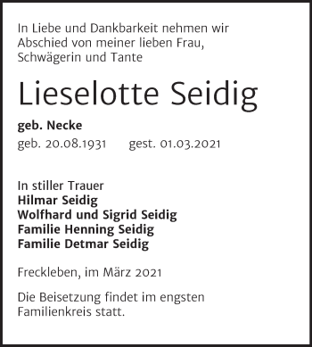 Traueranzeige von Lieselotte Seidig von Mitteldeutsche Zeitung Aschersleben