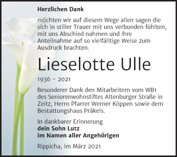 Traueranzeige von Lieselotte Ulle von Mitteldeutsche Zeitung Zeitz