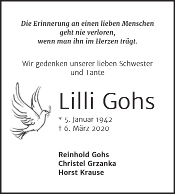 Traueranzeige von Lilli Gohs von Mitteldeutsche Zeitung Halle/Saalkreis