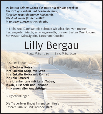 Traueranzeige von Lilly Bergau von Super Sonntag Naumburg/Nebra