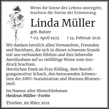 Traueranzeige von Linda Müller von Mitteldeutsche Zeitung Wittenberg