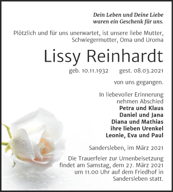 Traueranzeige von Lissy Reinhardt von Mitteldeutsche Zeitung Mansfelder Land