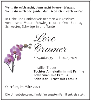 Traueranzeige von Lore Cramer von Mitteldeutsche Zeitung Merseburg/Querfurt