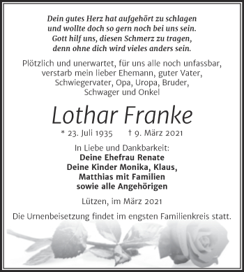 Traueranzeige von Lothar Franke von Mitteldeutsche Zeitung Weißenfels