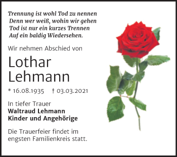 Traueranzeige von Lothar Lehmann von Mitteldeutsche Zeitung Bitterfeld
