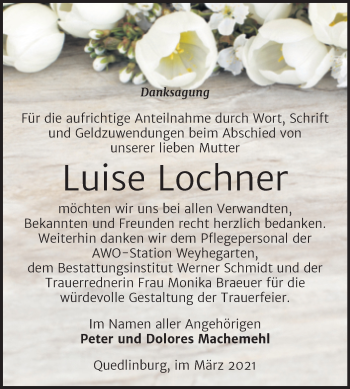 Traueranzeige von Luise Lochner von Mitteldeutsche Zeitung Quedlingburg