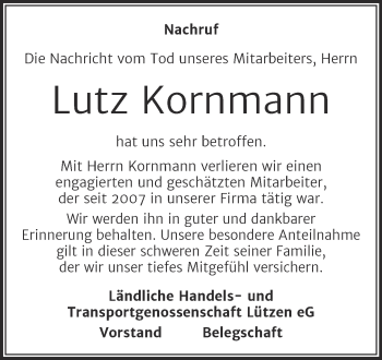 Traueranzeige von Lutz Kornmann von Mitteldeutsche Zeitung Weißenfels