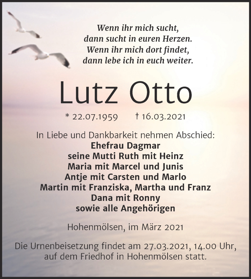  Traueranzeige für Lutz Otto vom 20.03.2021 aus Mitteldeutsche Zeitung Weißenfels