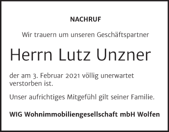 Traueranzeige von Lutz Unzner von Mitteldeutsche Zeitung Bitterfeld